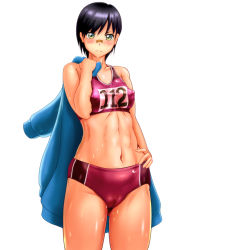 Rule 34 | &gt;:(, 1girl, abs, arm at side, bandaid, bandaid on face, bandaid on nose, bare arms, bare shoulders, black hair, blue jacket, blush, breasts, buruma, cameltoe, cleft of venus, closed mouth, collarbone, covered erect nipples, cowboy shot, frown, g y t, green eyes, hand on own hip, highres, holding, holding clothes, holding jacket, jacket, jacket over shoulder, unworn jacket, long sleeves, looking at viewer, medium breasts, midriff, navel, original, shiny skin, short hair, simple background, skin tight, solo, stomach, sweat, thighs, toned, track and field, track uniform, v-shaped eyebrows, white background