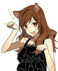 Rule 34 | 1girl, animal ears, bare shoulders, blush, brown hair, cat ears, cat girl, commentary request, fang, hagiwara daisuke, hori-san to miyamura-kun, hori kyouko, long hair, looking at viewer, lowres, open mouth, orange eyes, paw pose, simple background, sleeveless, solo, upper body, white background