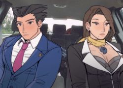 Rule 34 | 01nu, 1boy, 1girl, ace attorney, black hair, blue jacket, brown eyes, brown hair, buttons, car interior, closed mouth, collared shirt, commentary, derivative work, earrings, english commentary, expressionless, eyes visible through hair, formal, grey eyes, jacket, jewelry, lapels, lapel pin, long hair, magatama, magatama necklace, meme, mia fey, mole, mole under mouth, necklace, necktie, phoenix wright, photo background, pink neckwear, scarf, shirt, short hair, suit, taut clothes, taut shirt, white shirt, yellow scarf