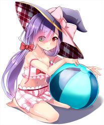 Rule 34 | 1girl, baicha, ball, barefoot, beachball, bikini, bikini skirt, bow, character request, collarbone, hat, hat bow, heterochromia, highres, long hair, low twintails, navel, off shoulder, open bikini, open clothes, pink bikini, purple hair, simple background, sitting, skirt, solo, swimsuit, twintails, very long hair, witch hat