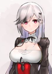 Rule 34 | 1girl, azur lane, breasts, brown jacket, butterfly hair ornament, cleavage cutout, clothing cutout, cross hair ornament, dunkerque (azur lane), grey hair, hair ornament, highres, jacket, juusakai erugo, large breasts, long hair, looking at viewer, red eyes, simple background, solo, upper body, very long hair