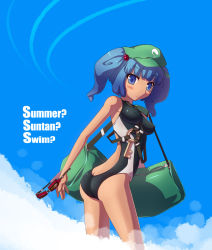 1girl ass backpack bag blue_eyes blue_hair breasts butt_crack competition_swimsuit english_text engrish_text covered_erect_nipples female_focus hair_ornament kawashiro_nitori key large_breasts matching_hair/eyes medium_breasts one-piece_swimsuit ranguage revision short_hair solo swimsuit tama_(speedgrapher) tan touhou twintails two_side_up