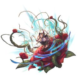 Rule 34 | 1girl, breasts, brown hair, cleavage, dagger, flower, full body, gloves, granblue fantasy, hair flower, hair ornament, holding, holding dagger, holding knife, holding weapon, knife, leaf, long hair, looking at viewer, magic circle, minaba hideo, official art, petals, rose, rosetta (granblue fantasy), solo, thighhighs, thighs, thorns, transparent background, very long hair, weapon