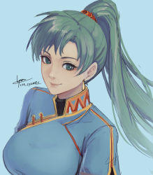 Rule 34 | 1girl, blue dress, breasts, cm lynarc, dress, earrings, fire emblem, green eyes, green hair, jewelry, large breasts, long hair, looking at viewer, lyn (fire emblem), nintendo, ponytail, signature, smile