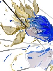 Rule 34 | 1other, arrow (projectile), arrow in body, arrow in head, bleeding, blood, blue gemstone, blue hair, chinese commentary, cracked skin, decapitation, from side, gem, glint, highres, houseki no kuni, object through head, open mouth, other focus, phosphophyllite, phosphophyllite (ll), portrait, severed hair, shards, short hair, sideways glance, simple background, solo, spoilers, surprised, white background, white eyes, xiaoxiaoguguzi