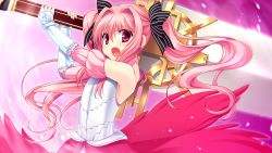 Rule 34 | 1girl, armor, bare shoulders, flat chest, game cg, hair ribbon, highres, kunai uri, long hair, looking at viewer, noblesse of rouge, open mouth, pink eyes, pink hair, ribbon, simple background, solo, standing, sword, twintails, weapon