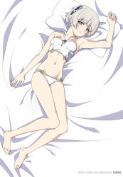 Rule 34 | 10s, 1girl, barefoot, bed, bed sheet, blue eyes, blush, breasts, feet, full body, lolivia, looking at viewer, meteora osterreich, navel, panties, re:creators, short hair, small breasts, smile, solo, underwear, white hair, white panties