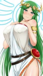 Rule 34 | 1girl, arima kouichi, armlet, bare shoulders, blush, breasts, brown hair, circlet, closed mouth, commentary, covered erect nipples, cowboy shot, dress, embarrassed, female focus, green eyes, green hair, hair ornament, halo, hands on own chest, head tilt, headpiece, jewelry, kid icarus, kid icarus uprising, large areolae, large breasts, long hair, long sleeves, looking at viewer, neck, neck ring, nintendo, palutena, shy, simple background, solo, standing, strapless, strapless dress, super smash bros., sweat, thighs, tiara, very long hair, wavy mouth, white background, white dress