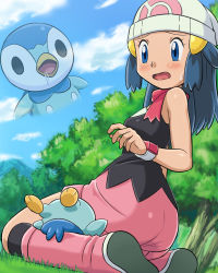 Rule 34 | 1girl, ass, blue eyes, blue hair, blush, boots, cloud, creatures (company), dawn (pokemon), day, drooling, game freak, gen 4 pokemon, hair ornament, hat, kneeling, lowres, nintendo, open mouth, pink footwear, piplup, pokemoa, pokemon, pokemon (anime), pokemon (creature), poketch, projected inset, scarf, sitting, sitting on face, sitting on person, sky, sweatdrop, watch, wristwatch