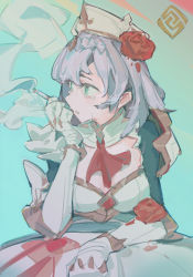 Rule 34 | 1girl, apron, blue background, chinese commentary, cigarette, cleavage cutout, clothing cutout, commentary request, crying, crying with eyes open, flower, gauntlets, genshin impact, green eyes, hair flower, hair ornament, highres, long hair, looking to the side, maid apron, neckerchief, noelle (genshin impact), red flower, red neckerchief, silver hair, smoke, smoking, solo, tears, white apron, white headwear, zygocactus
