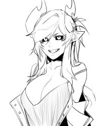 Rule 34 | 1girl, aiko (less), black sclera, breasts, collarbone, colored sclera, demon girl, earrings, fangs, greyscale, grin, highres, horns, jewelry, large breasts, less, long hair, monochrome, off shoulder, original, pointy ears, ponytail, sidelocks, simple background, smile, solo, spaghetti strap, strap slip, stud earrings, swept bangs, teeth, upper body, white background