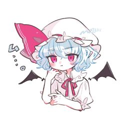 Rule 34 | 1girl, :t, artist name, bat wings, blue hair, closed mouth, collared shirt, commentary request, cropped torso, detached wings, frilled shirt collar, frills, hand up, hat, hat ribbon, highres, looking at viewer, m (m073111), mob cap, pink eyes, pink ribbon, puffy short sleeves, puffy sleeves, remilia scarlet, ribbon, shirt, short hair, short sleeves, simple background, solo, touhou, white background, white hat, white shirt, wings
