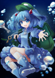 Rule 34 | 1girl, backpack, bag, blue eyes, blue footwear, blue hair, boots, bubble, cucumber, gradient background, hacko, hair bobbles, hair ornament, hat, highres, kawashiro nitori, key, kneehighs, long sleeves, looking at viewer, matching hair/eyes, open mouth, outstretched arm, puffy sleeves, rubber boots, screwdriver, shirt, skirt, skirt set, smile, socks, solo, touhou, twintails, two side up, white socks