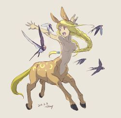 Rule 34 | 1girl, bird, blonde hair, braid, breasts, centaur, dated, female focus, monster girl, navel, no nipples, nude, open mouth, original, simple background, small breasts, taur, topless, ttmary
