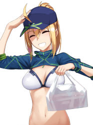 Rule 34 | 1girl, :d, ahoge, arm up, artoria pendragon (fate), baseball cap, bikini, bikini top only, blonde hair, blue hat, breasts, cleavage, closed eyes, commentary request, facing viewer, fate/grand order, fate (series), grin, hair between eyes, hair through headwear, hand on headwear, hand up, hat, highres, long hair, long sleeves, medium breasts, mysterious heroine x (fate), mysterious heroine xx (fate), navel, nonderi, open mouth, ponytail, short hair, shrug (clothing), sidelocks, simple background, smile, solo, stomach, swimsuit, upper body, white background, white bikini, wristband