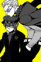 Rule 34 | 1boy, 1girl, androgynous, atlus, breasts, cabbie hat, couple, crossdressing, delinquent, detective, ear piercing, earrings, glasses, hand in pocket, hat, jacket, jacket on shoulders, jewelry, long sleeves, looking at viewer, lowres, nose piercing, oekaki, persona, persona 4, piercing, profile, reverse trap, scar, school uniform, seirem, serious, shirogane naoto, short hair, small breasts, standing, sunglasses, tatsumi kanji, wavy hair, widow&#039;s peak