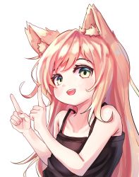 Rule 34 | 1girl, animal ear fluff, animal ears, arms up, black tank top, blonde hair, cat ears, green eyes, highres, index finger raised, kosobin, long hair, open mouth, original, simple background, smile, solo, tank top, upper body, very long hair, white background