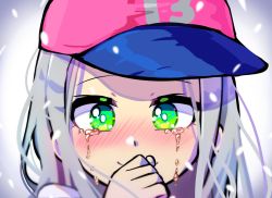 Rule 34 | 13-amp, 1girl, baseball cap, blush, close-up, covering own mouth, crying, crying with eyes open, ears visible through hair, female focus, green eyes, hand over own mouth, hat, long hair, looking at viewer, nintendo, offbeat, portrait, silver hair, smile, solo, tears, warioware