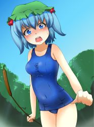 Rule 34 | 1girl, blue eyes, blue hair, blush, breasts, cattail, covered navel, day, female focus, forest, fumi (fumifumi-graffiti), hair bobbles, hair ornament, hat, highres, kawashiro nitori, matching hair/eyes, medium breasts, nature, one-piece swimsuit, open mouth, plant, school swimsuit, short hair, sky, solo, swimsuit, touhou, twintails, two side up, water