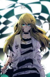 Rule 34 | 1girl, absurdres, blonde hair, blood, blood on clothes, blood on face, blue eyes, blurry, blurry background, closed mouth, floating hair, hair between eyes, hand in pocket, highres, holding, jacket, long hair, long sleeves, looking at viewer, minasenatuya, open clothes, open jacket, rachel gardner, satsuriku no tenshi, shirt, sketch, solo, standing, striped clothes, striped shirt, white jacket