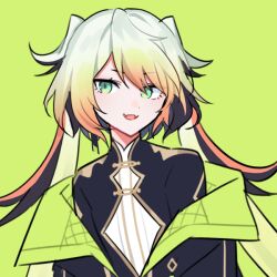 Rule 34 | 1other, black jacket, blonde hair, commentary, fangs, gradient hair, green background, green eyes, green hair, jacket, melissa kinrenka, multicolored hair, nijisanji, open clothes, open jacket, open mouth, other focus, simple background, skin fangs, smile, solo, twintails, virtual youtuber, waka (wk4444)