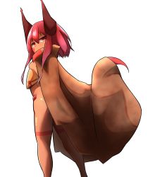 Rule 34 | 1girl, absurdres, bottomless, brown cloak, cloak, commentary request, covered mouth, dragon girl, dragon horns, dragon tail, hair between eyes, hand up, highres, horns, idaten93, long hair, original, red eyes, red hair, short hair with long locks, sidelocks, simple background, solo, tail, tail raised, white background