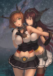 Rule 34 | 10s, 2girls, \||/, absurdres, holding another&#039;s arm, bad id, bad pixiv id, bare shoulders, black gloves, black hair, blush, grabbing another&#039;s breast, breasts, brown hair, brown legwear, buoy, cowboy shot, dancing, fingerless gloves, fog, garter straps, gloves, grabbing, green eyes, hairband, headgear, highleg, highleg panties, highres, holding own arm, hug, hug from behind, kantai collection, large breasts, long hair, looking at another, microskirt, midriff, milky way, multiple girls, mutsu (kancolle), nagato (kancolle), navel, night, night sky, nuwangyang (930426), open mouth, outdoors, outstretched arm, panties, pleated skirt, red eyes, short hair, side-tie panties, skirt, sky, smile, snow, standing, star (sky), thighhighs, underwear, water, white gloves, yuri, zettai ryouiki