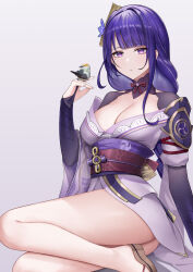 Rule 34 | 1girl, absurdres, bare legs, bird, bird on hand, blunt bangs, breasts, bridal gauntlets, cleavage, commentary request, genshin impact, highres, japanese clothes, jin mu mulin, kimono, large breasts, long hair, looking at viewer, obi, off shoulder, purple eyes, purple hair, purple kimono, raiden shogun, red sash, sandals, sash, short kimono, sitting, solo, thighs, very long hair, zouri