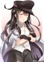 Rule 34 | 1girl, anchor, bad id, bad pixiv id, black gloves, black hair, black hat, black skirt, blush, commentary request, cosplay, crossed arms, gangut (kancolle), gangut (kancolle) (cosplay), gloves, gradient background, grey jacket, hat, hatsushimo (kancolle), jacket, juurouta, kantai collection, long hair, looking at viewer, miniskirt, open clothes, open jacket, open mouth, pleated skirt, red background, red eyes, shirt, skirt, solo, twitter username, unbuttoned, unbuttoned shirt, white shirt