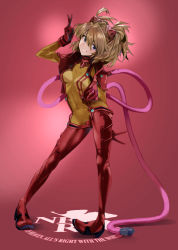 Rule 34 | 1girl, alternate hairstyle, bodysuit, breasts, brown hair, covered navel, empty eyes, evangelion: 3.0+1.0 thrice upon a time, expressionless, full body, hair between eyes, hair ornament, helmet, highres, interface headset, logo, looking at viewer, medium breasts, neon genesis evangelion, neon lights, nerv, official alternate costume, plugsuit, rebuild of evangelion, shiny clothes, skin tight, smile, solo, souryuu asuka langley, standing, thigh gap, twintails, v, wide hips, yagisawa teru
