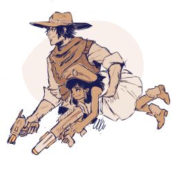 Rule 34 | 1boy, 1girl, aged down, bandana, boots, carrying, carrying under arm, cassidy (overwatch), child, cowboy boots, cowboy hat, dark-skinned female, dark skin, gun, hat, monochrome, nerf gun, overwatch, overwatch 1, papabay, peaked cap, pharah (overwatch), sepia, smile, weapon, white background
