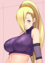 Rule 34 | 10hmugen, 1girl, armband, blonde hair, blouse, blue eyes, breasts, covered erect nipples, earrings, embarrassed, fishnets, from side, hair over one eye, halterneck, highres, jewelry, large breasts, looking to the side, naruto (series), naruto shippuuden, no bra, parted lips, pink background, ponytail, purple shirt, shirt, simple background, sleeveless, sleeveless shirt, solo, sweatdrop, upper body, yamanaka ino