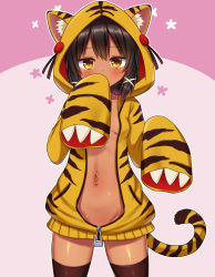 Rule 34 | animal ears, animal hood, animal print, black hair, black legwear, blush, breasts, covered mouth, covering own mouth, cowboy shot, dark skin, expressionless, hair between eyes, hair ornament, hairclip, hand to own mouth, hands up, highres, hood, hoodie, long sleeves, looking at viewer, medium hair, midriff, nasuna (yakinasu87), navel, no pants, open clothes, open hoodie, original, simple background, sleeves past fingers, sleeves past wrists, small breasts, standing, tail, thighhighs, tiger print, tiger tail, wide sleeves, yellow eyes, zettai ryouiki, zipper