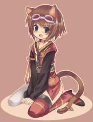 Rule 34 | 00s, 1girl, :o, animal ears, bad id, bad pixiv id, blush, brown background, brown hair, cat ears, cat tail, choker, full body, goggles, goggles on head, green eyes, kemonomimi mode, kneeling, pantyhose, pink background, rita mordio, short hair, single leg pantyhose, single thighhigh, sitting, solo, tail, tales of (series), tales of vesperia, teu (navy), thighhighs, v arms, wariza