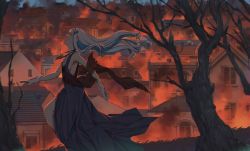 Rule 34 | 1girl, absurdres, bare legs, bare tree, blue dress, blue hair, blunt bangs, breasts, building, burning, burning building, closed eyes, colored inner hair, commentary, dress, english commentary, feet out of frame, fire, from side, grass, highres, jewelry, light blue hair, lize helesta, long hair, mochi (m0chi0000), multicolored hair, muted color, necklace, nijisanji, open mouth, running, sideboob, smile, solo, tree, virtual youtuber, white hair