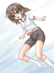Rule 34 | 00s, 1girl, :d, bike shorts, blush, breasts, brown eyes, brown hair, brown shorts, fang, gradient background, jumping, kneehighs, kusakabe misao, lucky star, navel, no shoes, open mouth, outstretched arms, shirt, short hair, short sleeves, shorts, small breasts, smile, socks, solo, white shirt, white socks, yo-jin
