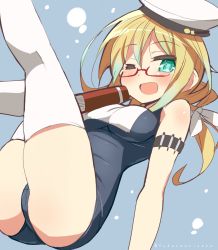 Rule 34 | 10s, 1girl, 9law, bad id, bad pixiv id, blonde hair, book, breasts, glasses, hat, highres, i-8 (kancolle), kantai collection, long hair, looking at viewer, medium breasts, one-piece swimsuit, one eye closed, open mouth, personification, red-framed eyewear, school swimsuit, smile, solo, swimsuit, thighhighs, twintails, white thighhighs, wink