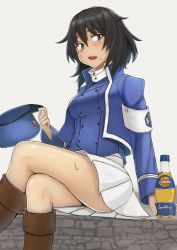 Rule 34 | 1girl, absurdres, andou (girls und panzer), armband, bc freedom (emblem), bc freedom military uniform, black footwear, black hair, blue hat, blue jacket, blue vest, boots, bottle, brown eyes, commentary request, crossed legs, dark-skinned female, dark skin, dress shirt, emblem, frown, girls und panzer, grey background, hat, high collar, highres, holding, holding bottle, holding clothes, holding hat, jacket, legs, long sleeves, looking at viewer, medium hair, messy hair, military, military hat, military uniform, miniskirt, open mouth, pleated skirt, shako cap, shirt, sitting, skirt, soda bottle, solo, sweat, tacch, uniform, unworn hat, unworn headwear, vest, white shirt, white skirt