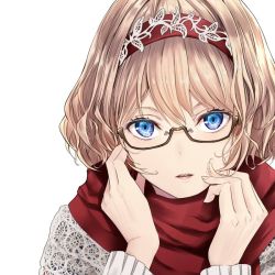 Rule 34 | 1girl, alice margatroid, alternate costume, bespectacled, blonde hair, blue eyes, brown-framed eyewear, casual, close-up, commentary request, contemporary, eyelashes, fingernails, glasses, hair between eyes, hands up, lips, long sleeves, looking at viewer, nabeshima tetsuhiro, parted lips, portrait, red scarf, scarf, short hair, simple background, solo, touhou, white background