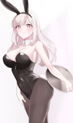Rule 34 | 1girl, absurdres, animal ears, bare shoulders, black leotard, blush, breasts, cleavage, closed mouth, covered navel, cowboy shot, detached collar, fake animal ears, fake tail, grey hair, highres, holding, holding tray, large breasts, leotard, light frown, long hair, looking at viewer, mole, mole on breast, mole under eye, monotiina, original, pantyhose, pink eyes, playboy bunny, rabbit ears, rabbit tail, solo, tail, tray, white hair