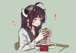 Rule 34 | 1girl, :t, ^ ^, ahoge, blush, bowl, brown hair, chair, closed eyes, closed mouth, eating, food, food request, green background, headgear, holding, holding food, japanese clothes, kimono, lamb (hitsujiniku), long sleeves, obi, on chair, sash, simple background, solo, table, touhoku kiritan, translation request, two side up, voiceroid, white kimono, wide sleeves