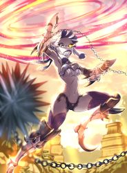 Rule 34 | 1girl, angry, armor, armpits, bare shoulders, boots, breasts, clenched teeth, elbow gloves, fate/grand order, fate (series), fingerless gloves, flail, gloves, grey hair, hair ornament, heterochromia, navel, open mouth, penthesilea (fate), ponytail, short hair, short shorts, shorts, teeth, thighhighs, weapon