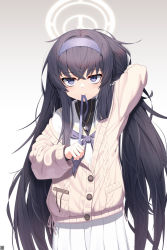 Rule 34 | 1girl, absurdres, ahoge, black hair, blue archive, cardigan, delete (xxag4475), gradient background, hair between eyes, hairband, highres, holding, long hair, long sleeves, looking at viewer, messy hair, mouth hold, neck ribbon, pleated skirt, purple eyes, ribbon, ribbon in mouth, school uniform, skirt, solo, sweater, ui (blue archive), very long hair, white hairband