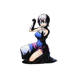 Rule 34 | 10s, 1girl, blue dress, blue eyes, breasts, collarbone, divine gate, dress, fairy tail, full body, gloves, large breasts, lisanna strauss, looking at viewer, official art, on one knee, paw pose, shadow, short hair, silver hair, solo, tattoo, transparent background, ucmm, white gloves