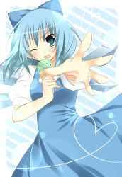 Rule 34 | 1girl, bad id, bad pixiv id, blue dress, blue eyes, blue hair, blurry, blush, bokeh, bow, cirno, depth of field, dress, food, hair bow, heart, ice, ice cream, ice cream cone, ice wings, looking at viewer, matching hair/eyes, one eye closed, open mouth, puffy short sleeves, puffy sleeves, ribbon, sakura yuduna, sakura yuzuna, short sleeves, solo, touhou, wings