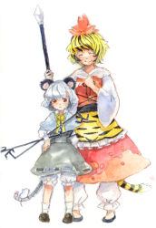 Rule 34 | 2girls, animal ears, blonde hair, dowsing rod, female focus, gogo/tad, grey hair, hair ornament, jewelry, kemonomimi mode, mouse (animal), mouse ears, mouse tail, multiple girls, nazrin, painting (medium), pendant, polearm, short hair, smile, spear, tail, tiger tail, toramaru shou, touhou, traditional media, watercolor (medium), weapon