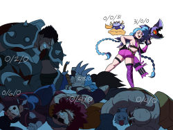 Rule 34 | abs, absurdres, armor, bald, bare shoulders, black hair, blue hair, braid, braum (league of legends), cat, darius (league of legends), defeat, facial hair, family guy death pose (meme), fingerless gloves, floating, gatling gun, glasses, gloves, gun, hat, highres, jinx (league of legends), league of legends, lee sin, long hair, looking at viewer, mature male, multiple boys, multiple girls, muscular, muscular male, mustache, pink eyes, ponytail, rocket launcher, scar, scar on face, short hair, smile, tattoo, tina fate, toned, toned male, twin braids, vayne (league of legends), very long hair, weapon, yasuo (league of legends), yuumi (league of legends)