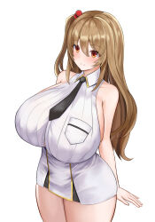 Rule 34 | 1girl, absurdres, arm at side, black necktie, blush, bow, breasts, brown eyes, brown hair, closed mouth, collared dress, commentary request, curvy, dress, hair between eyes, hair bow, highres, huge breasts, last origin, long hair, necktie, salacia (last origin), sayashi (type5 labyrith), simple background, sleeveless, sleeveless dress, smile, solo, standing, thighs, two side up, white background, white dress
