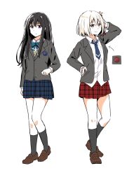 Rule 34 | 2girls, arrow (symbol), black hair, blonde hair, blue bow, blue bowtie, blue necktie, blue skirt, bow, bowtie, brown footwear, closed mouth, commentary, full body, grey jacket, grey socks, hand on own head, hand on own hip, highres, inoue takina, isumi, jacket, kneehighs, loafers, long hair, long sleeves, looking at viewer, lycoris recoil, multiple girls, necktie, nishikigi chisato, open clothes, open jacket, plaid, plaid skirt, pleated skirt, red eyes, red skirt, school uniform, shirt, shoes, short hair, skirt, socks, standing, white shirt
