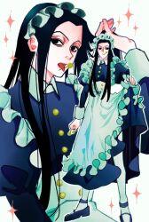 Rule 34 | 1boy, apron, black dress, black eyes, black hair, clothes lift, collage, crossdressing, dress, dress lift, full body, hakulo, highres, hunter x hunter, illumi zoldyck, long hair, long sleeves, maid, maid apron, maid day, maid headdress, male focus, needle, solo, thighhighs, tongue, tongue out, white background, white thighhighs